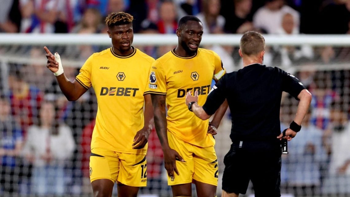 Emmanuel Agbadou and Toti Gomes protest to the referee during Wolves' defeat to Crystal Palace