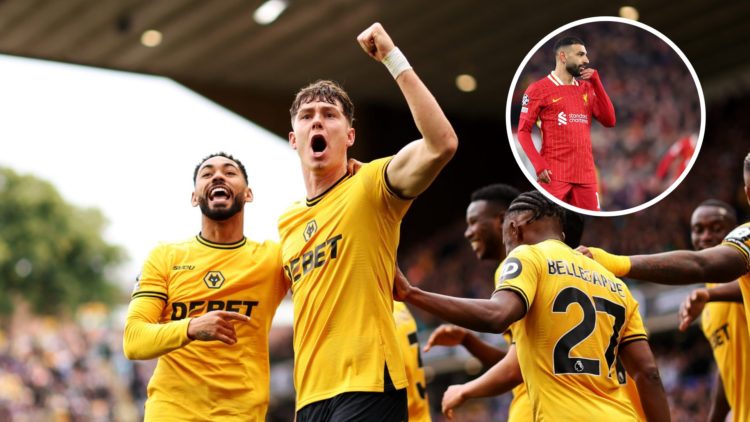 An image of Jorgen Strand Larsen celebrating with an inset of Mohamed Salah