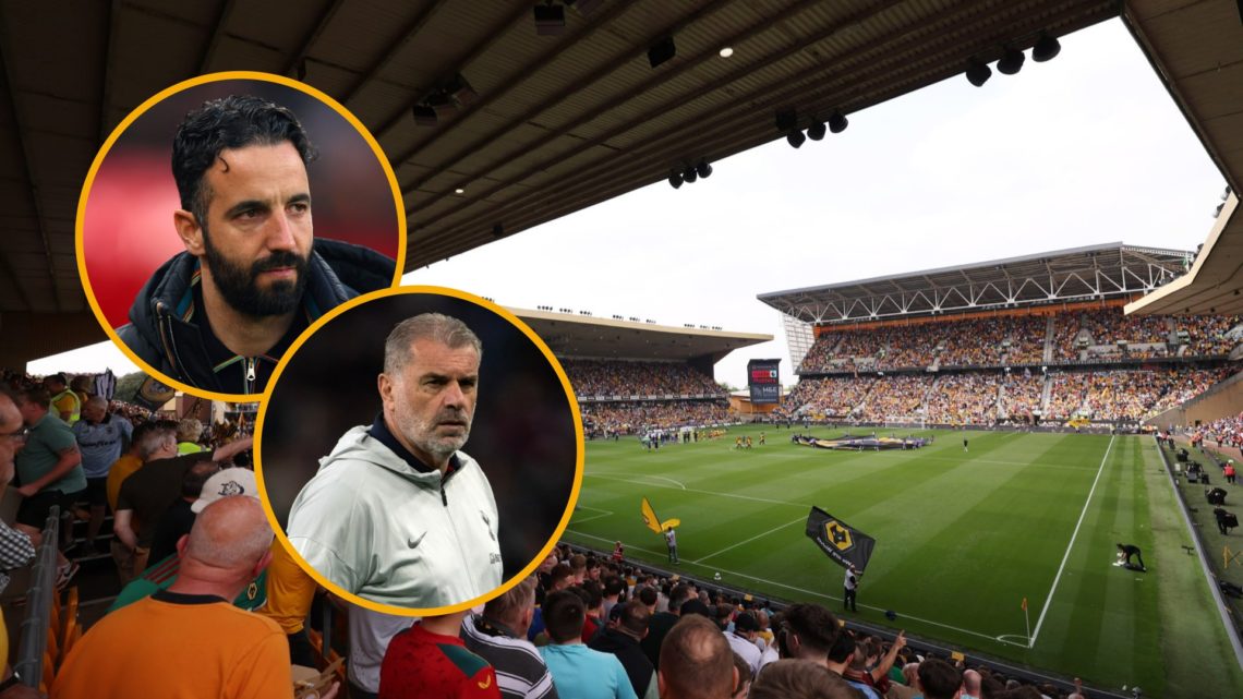 A general view of Molineux (background), Manchester United manager Ruben Amorim (upper inset), Tottenham Hotspur manager Ange Postecoglou (lower in...