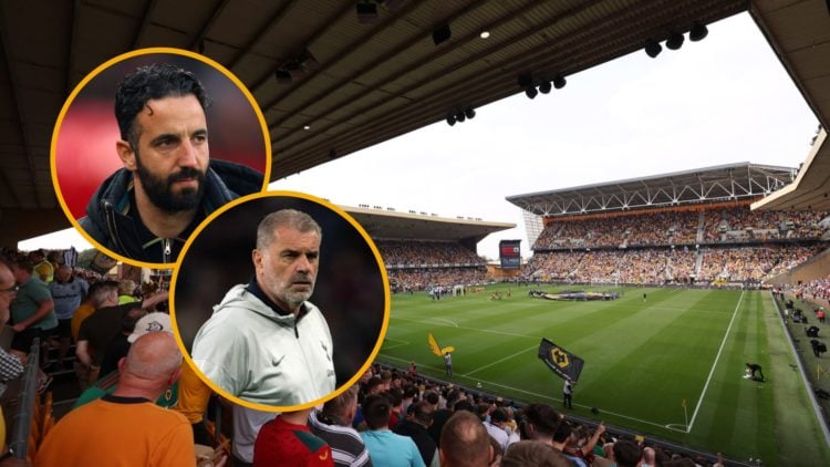 A general view of Molineux (background), Manchester United manager Ruben Amorim (upper inset), Tottenham Hotspur manager Ange Postecoglou (lower in...