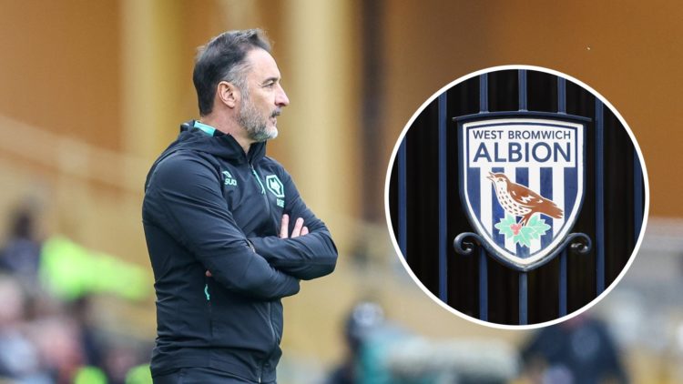 Vitor Pereira watches on as Wolves face Leicester City (left) and West Brom badge at Hawthorns (right)