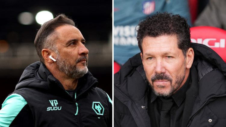 Wolves manager Vitor Pereira (left), Atletico Madrid manager Diego Simeone sits in the dugout (right)
