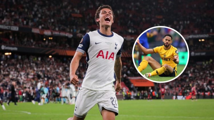 An image of Tottenham's Brennan Johnson with an inset of Wolves star Matheus Cunha