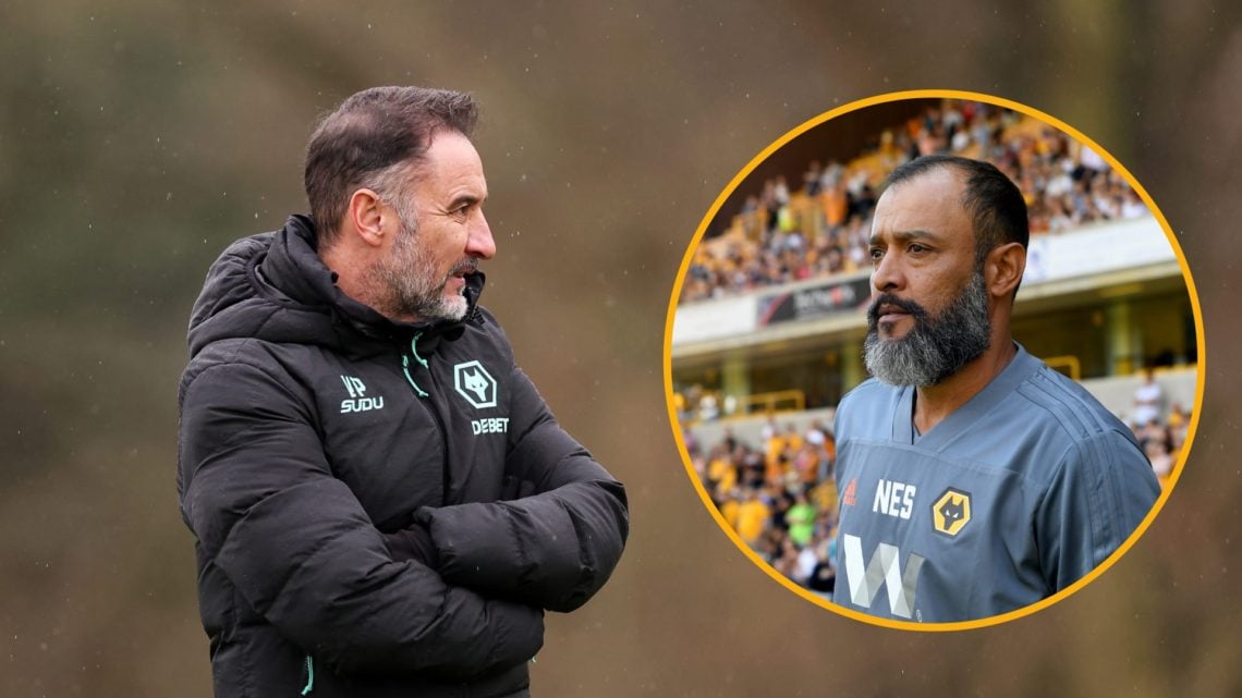 Vitor Pereira watches on at Wolves training (left) and Nuno Espirito Santo manages Wolves in pre-season (right)