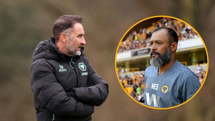 Vitor Pereira watches on at Wolves training (left) and Nuno Espirito Santo manages Wolves in pre-season (right)