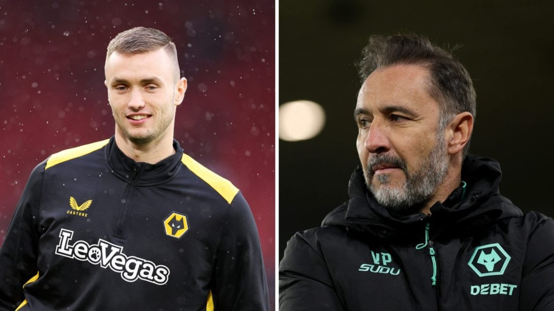 Sasa Kalajdzic warms up for Wolves (left), Wolves manager Vitor Pereira looks on (right)