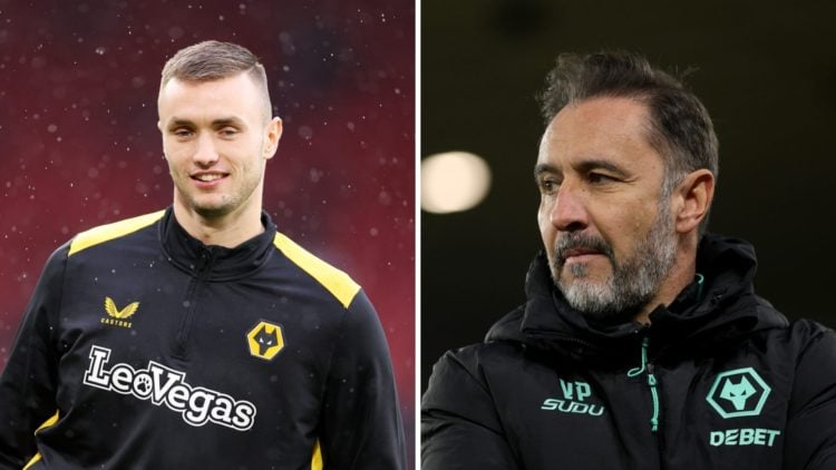 Sasa Kalajdzic warms up for Wolves (left), Wolves manager Vitor Pereira looks on (right)