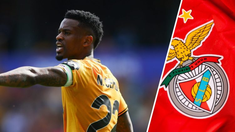 Wolves captain Nelson Semedo gestures to teammates (left), Benfica badge (right)