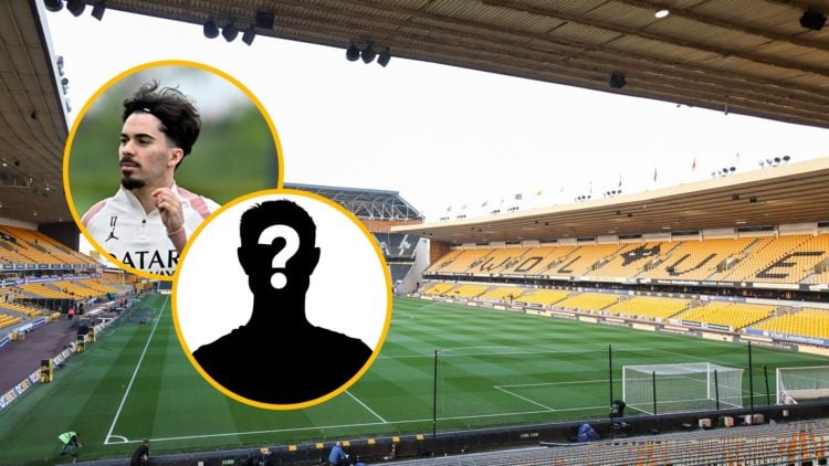 A general view of Molineux, Vitinha in Paris Saint-Germain training (upper inset), mystery player (lower inset)