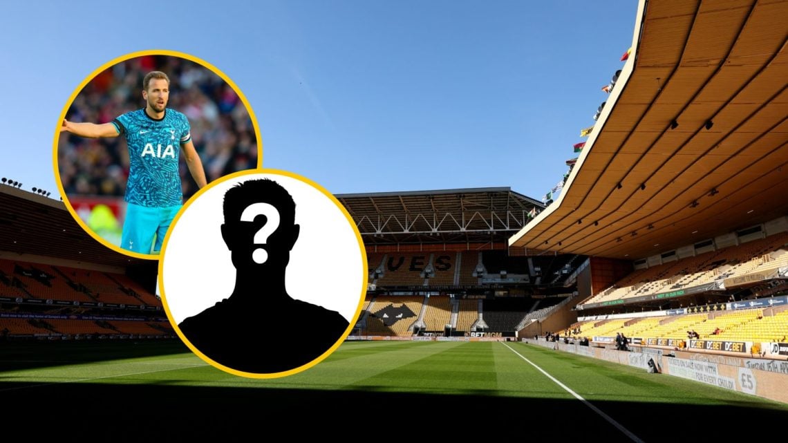 A general view of Molineux (background), former Tottenham Hotspur striker Harry Kane (upper inset), mystery player (lower inset)