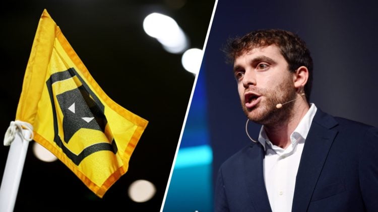 Split image of the Wolves corner flag (L) and journalist Fabrizio Romano on the SportsTrade Stage during day one of Web Summit 2021 (R)