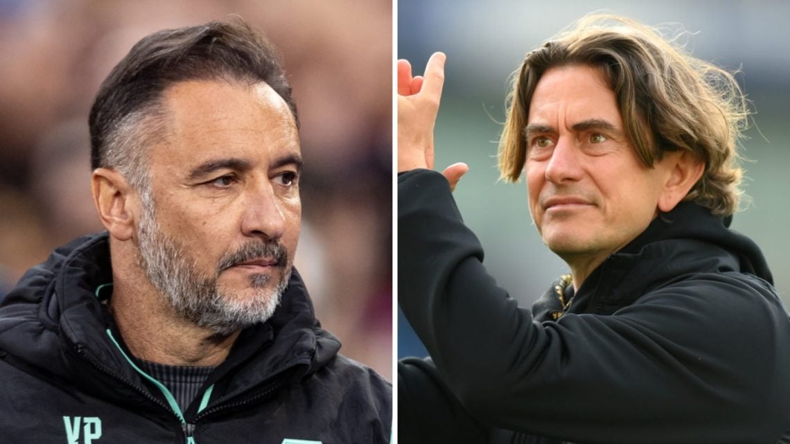 Left: Wolves manager Vitor Pereira walks down the touchline during a Premier League match. Right: Thomas Frank applauds the Brentford fans.