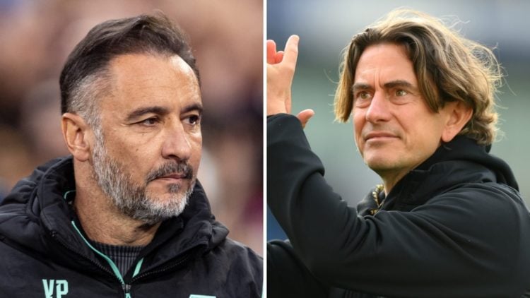 Left: Wolves manager Vitor Pereira walks down the touchline during a Premier League match. Right: Thomas Frank applauds the Brentford fans.