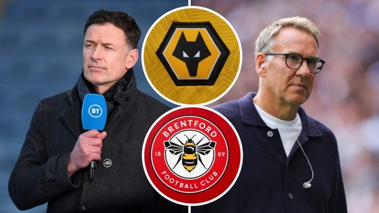 A split image of Paul Merson and Chris Sutton with insets of the Wolves and Brentford badges