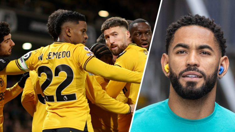 Wolves players including Matt Doherty and Nelson Semedo celebrate (left), Wolves player Matheus Cunha listening to music (right)