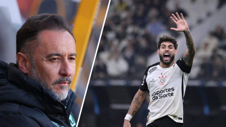 Wolves manager Vitor Pereira looks on (left), Corinthians striker Yuri Alberto gestures (right)