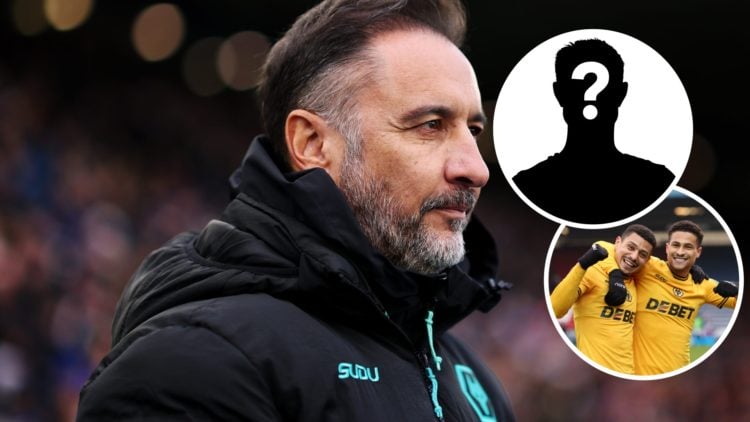 Wolves manager Vitor Pereira with a mystery icon inset and an inset of midfielders Joao Gomes and Andre.