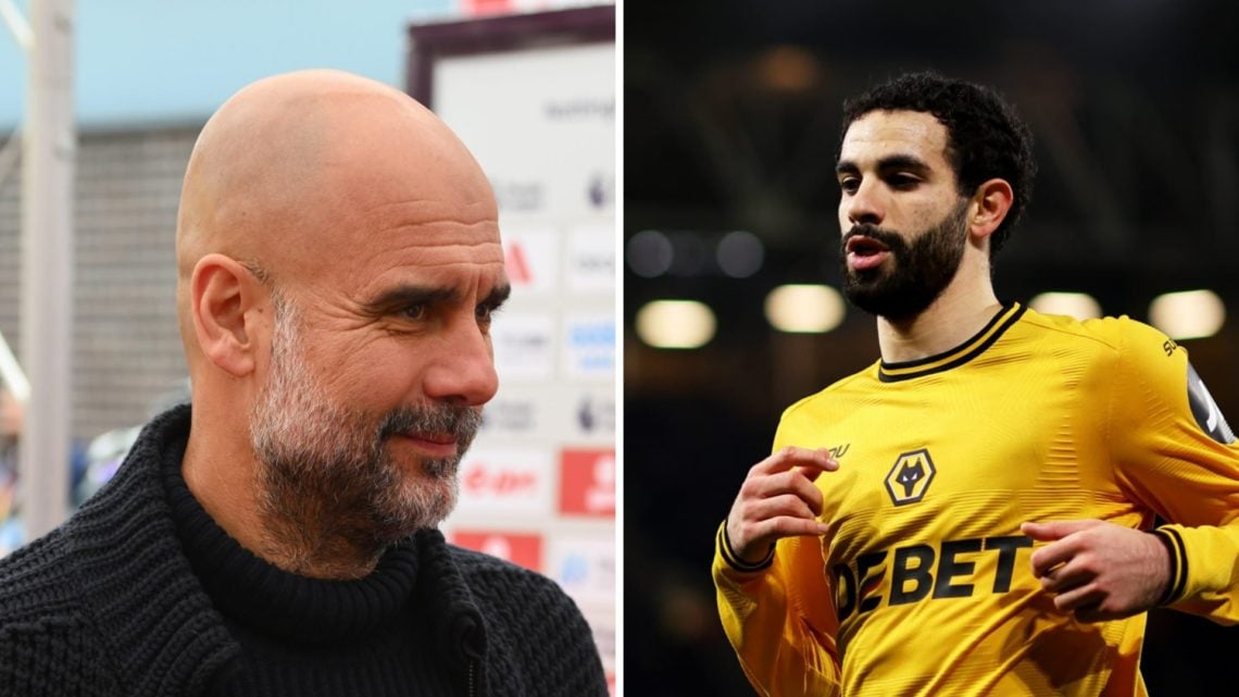 Manchester City manager Pep Guardiola looks on (left), Rayan Ait-Nouri playing for Wolves (right)