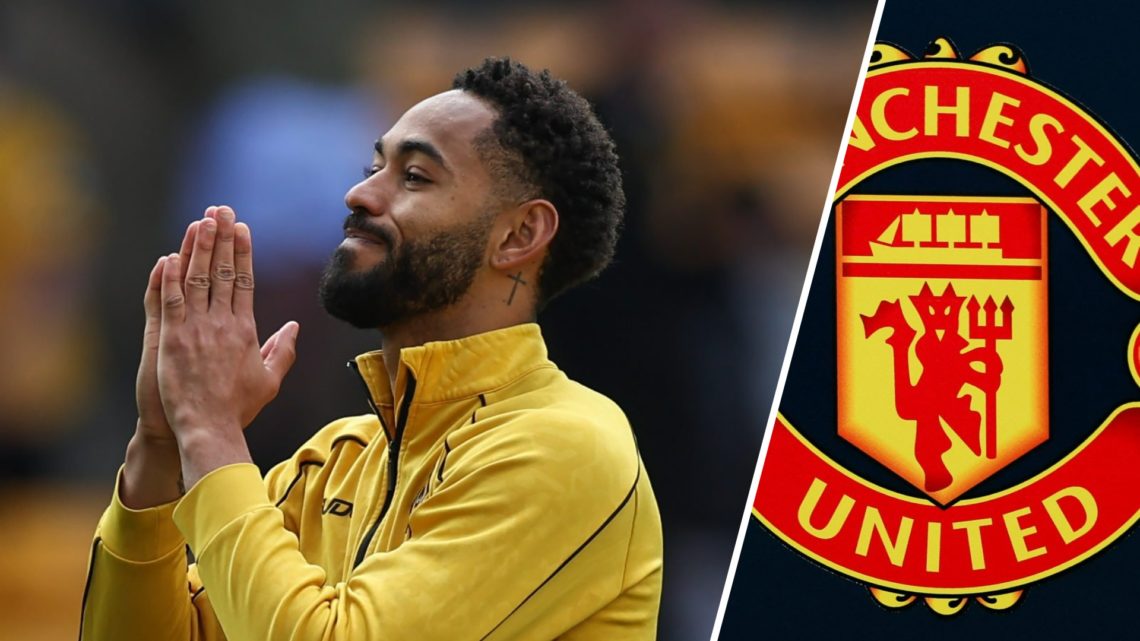 Matheus Cunha gestures towards Wolves fans (left), Manchester United badge (right)