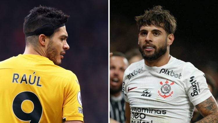 Split image of (L) Raul Jimenez during the Premier League match between Wolverhampton Wanderers and Tottenham Hotspur, and (R) Yuri Alberto celebra...