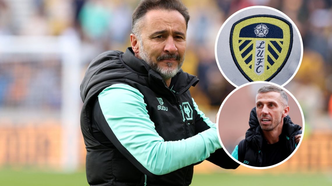An image of Wolves boss Vitor Pereira with insets of the Leeds United badge and Gary O'Neil