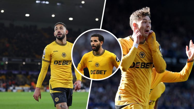 A split image of Wolves players Matheus Cunha and Jorgen Strand Larsen with an inset of Rayan Ait-Nouri