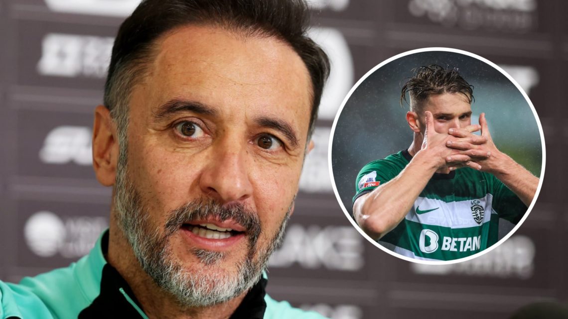 Vitor Pereira speaks with the media during a press conference at The Sir Jack Hayward Training Ground, inset, Viktor Gyokeres celebrates during the...