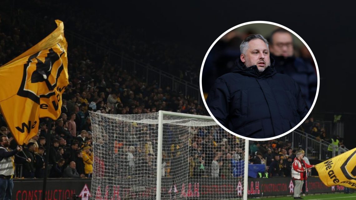 Flags with the Wolves badge are flown during the Premier League match between Wolverhampton Wanderers and Arsenal, inset, Wolves sporting director ...