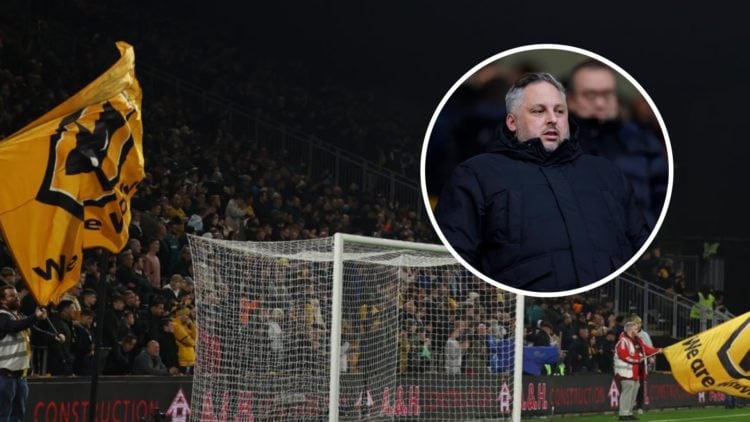 Flags with the Wolves badge are flown during the Premier League match between Wolverhampton Wanderers and Arsenal, inset, Wolves sporting director ...