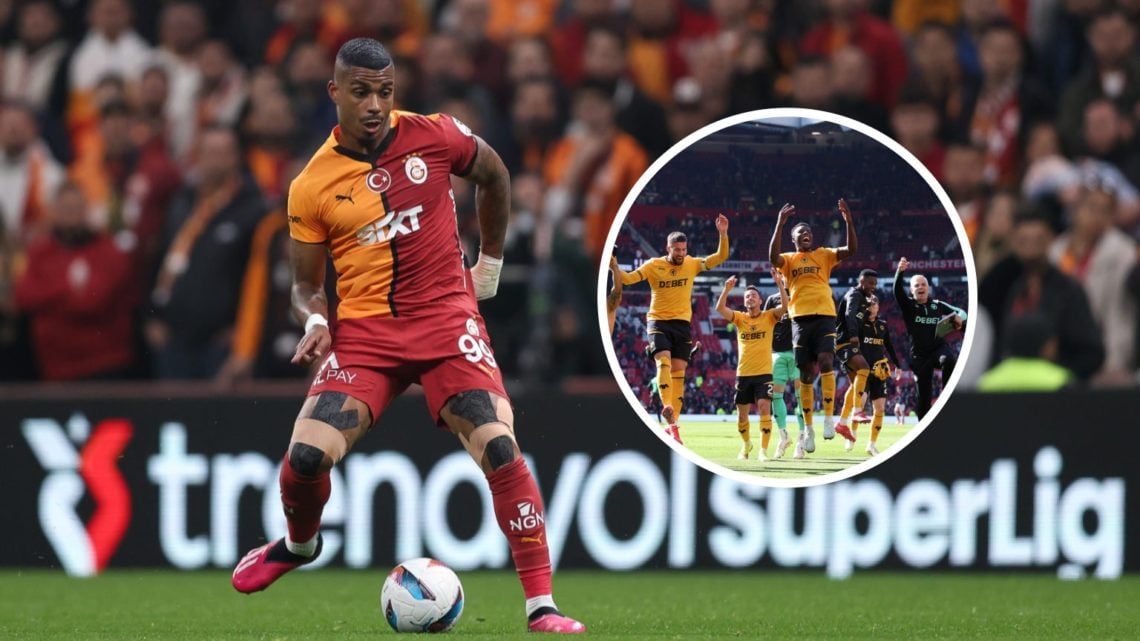 An image of Galatasaray's Mario Lemina with an inset of Nelson Semedo surrounded by Wolves teammates