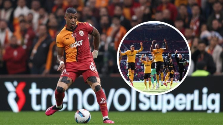 An image of Galatasaray's Mario Lemina with an inset of Nelson Semedo surrounded by Wolves teammates