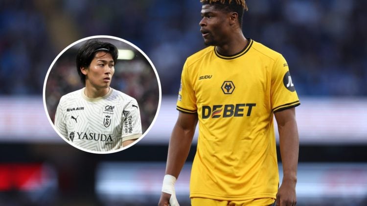An image of Wolves ace Emmanuel Agbadou with an inset of Keito Nakamura
