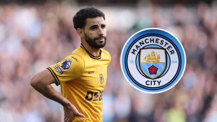 An image of Wolves star Rayan Ait-Nouri with an inset of the Manchester City badge
