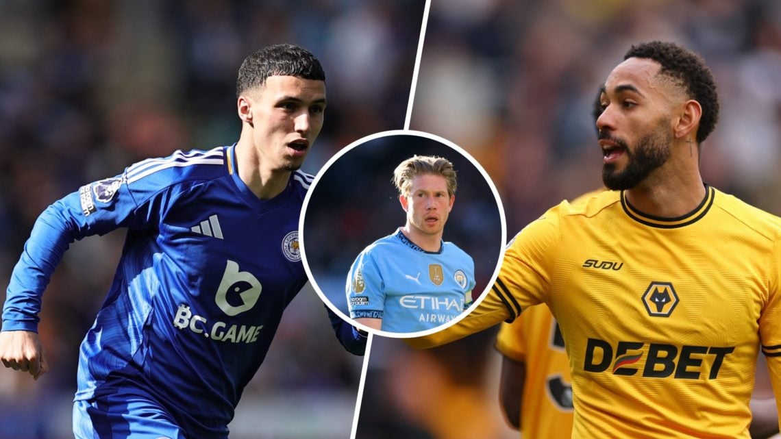 A split image of Bilal El Khannouss and Matheus Cunha with an inset of Kevin De Bruyne
