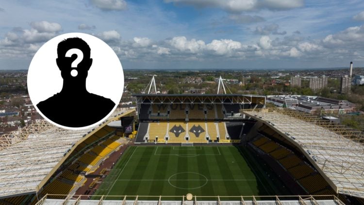 An aerial view of Wolves stadium Molineux with inset of a mystery player icon.