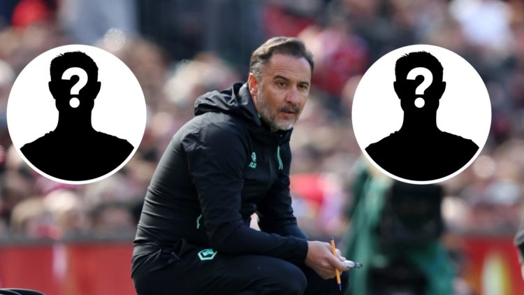 Wolves manager Vitor Pereira during the Premier League match between Wolves and Manchester United with insets of mystery icons.
