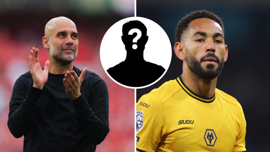 A split image of Pep Guardiola and Matheus Cunha with a mystery player inset