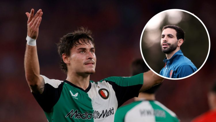 Hugo Bueno playing for Feyenoord (central), Rayan Ait-Nouri in Wolves training (inset)