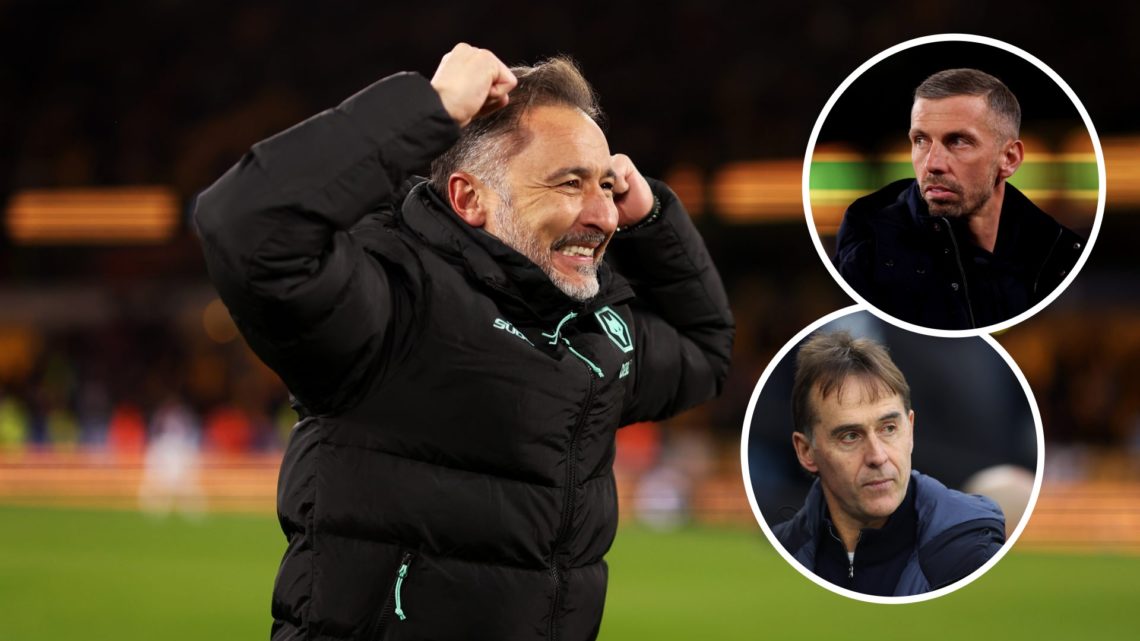 Vitor Pereira celebrates with Wolves fans (left), Julen Lopetegui watches on (bottom right) and Gary O'Neil looks on (top right)