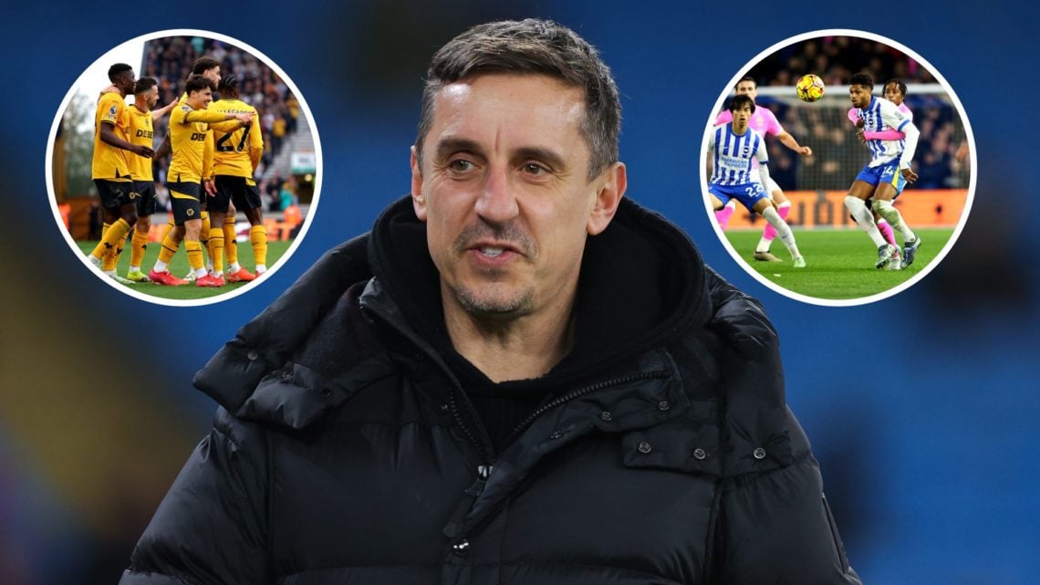 An image of Gary Neville with insets of Wolves and Brighton