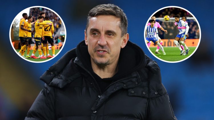 An image of Gary Neville with insets of Wolves and Brighton