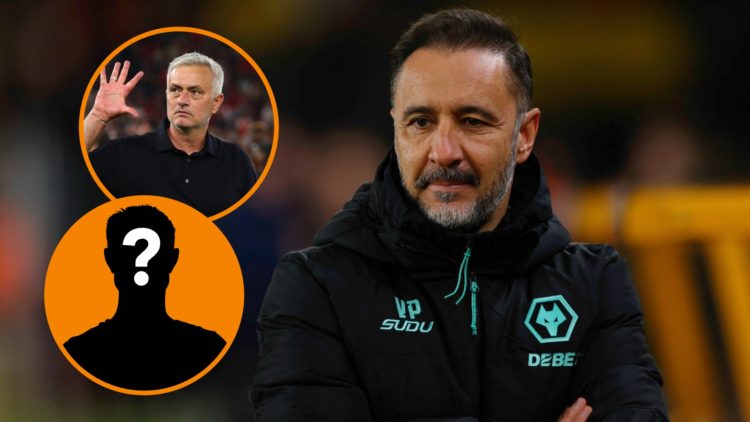 Vitor Pereira watches on (right) and Jose Mourinho holds hand up (left)