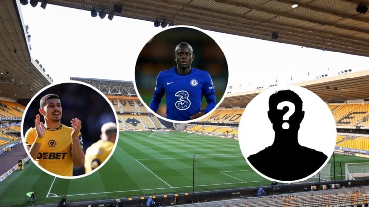 An image of Molineux with insets of Andre, N'Golo Kante and a mystery player