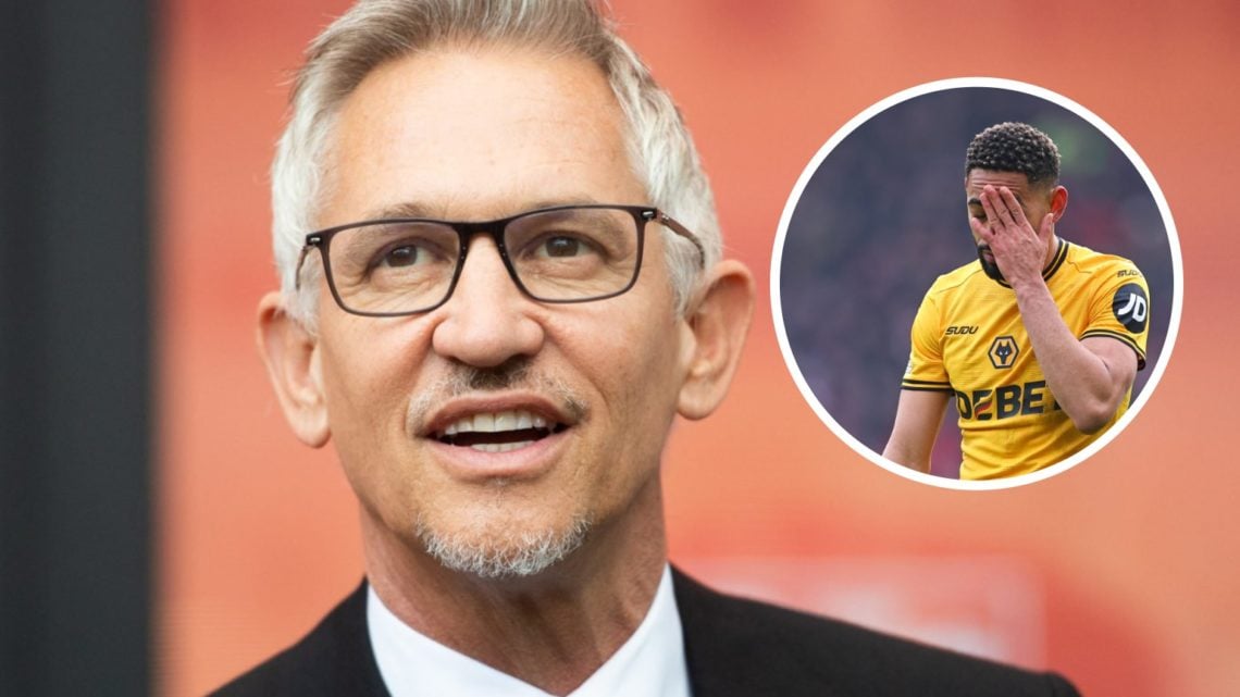 Gary Lineker attends the Sun's Who Cares Wins Awards 2021 with an inset of Matheus Cunha during the Premier League match between Liverpool and Wolves.