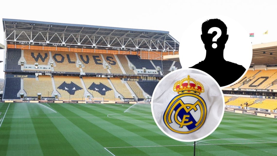A general view of the ground during the Premier League match between Wolverhampton Wanderers and Everton with insets of the badge of Real Madrid CF...