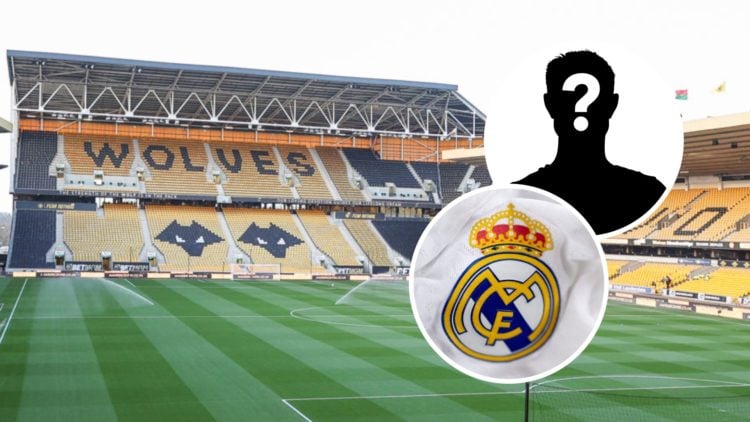 A general view of the ground during the Premier League match between Wolverhampton Wanderers and Everton with insets of the badge of Real Madrid CF...