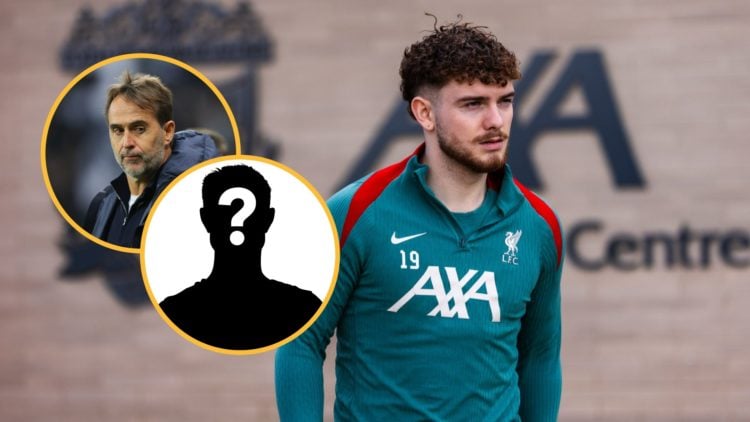 Harvey Elliott in Liverpool training (central), former Wolves manager Julen Lopetegui (top inset), mystery player (bottom inset)