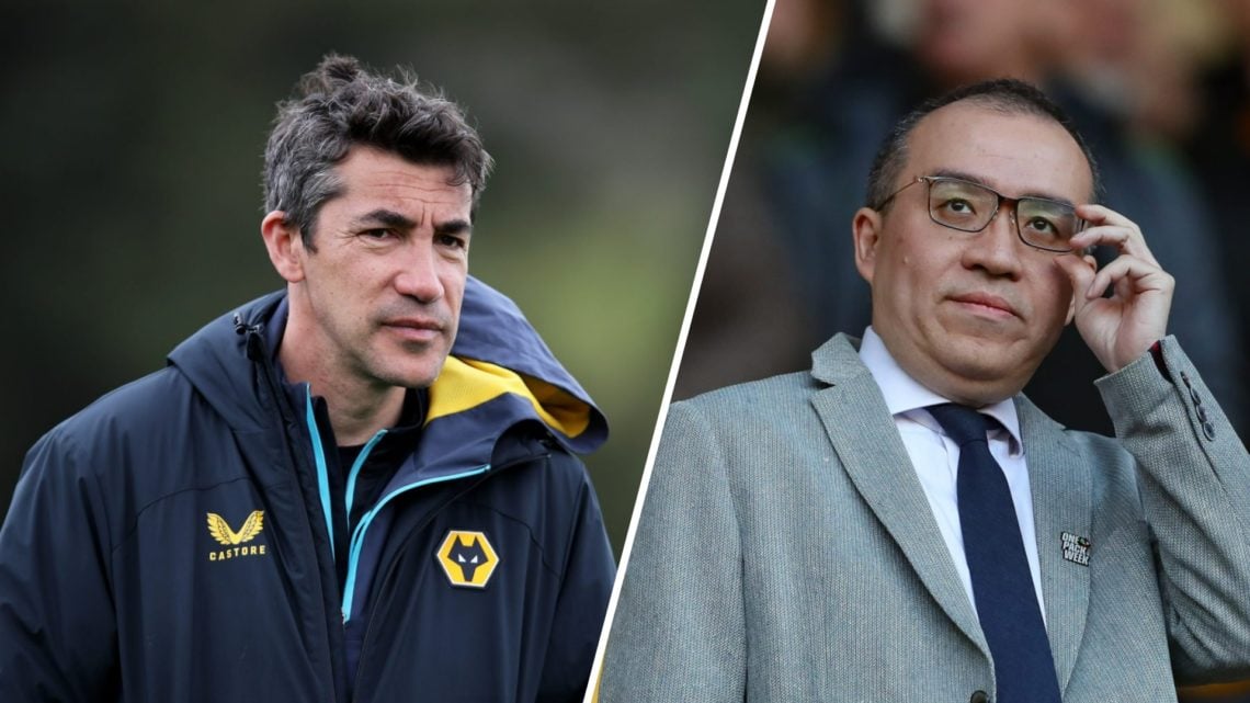 Former Wolves manager Bruno Lage looks on (left), Jeff Shi at Molineux (right)