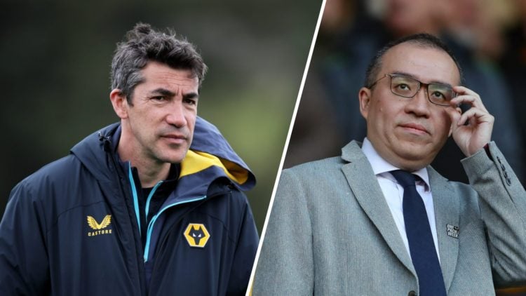 Former Wolves manager Bruno Lage looks on (left), Jeff Shi at Molineux (right)