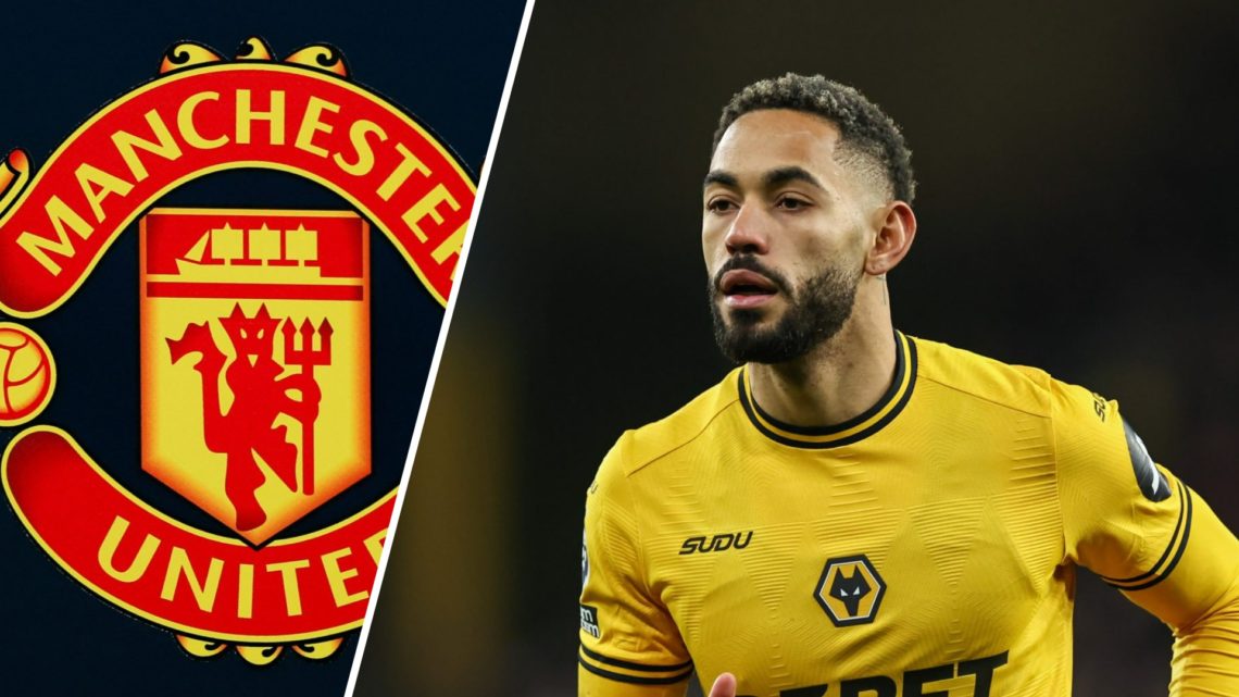 Manchester United badge (left), Matheus Cunha playing for Wolves (right)